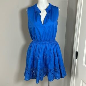 KARINA GRIMALDI Eyelet Mini Dress Blue Ruffle Vneck Cinched Waist Sz XS